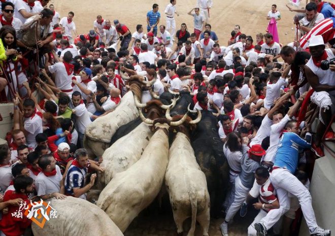 Runners get trapped with Fuente Ymbro fighting bulls during the seventh running of the bulls of the San Fermin festival in Pamplona -0MPG0180.jpg-